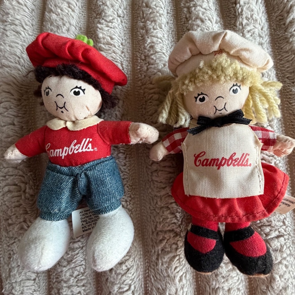 Vintage 2002 Campbells Soup Kids Plush Doll Set Boy and Girl Advertising Decor